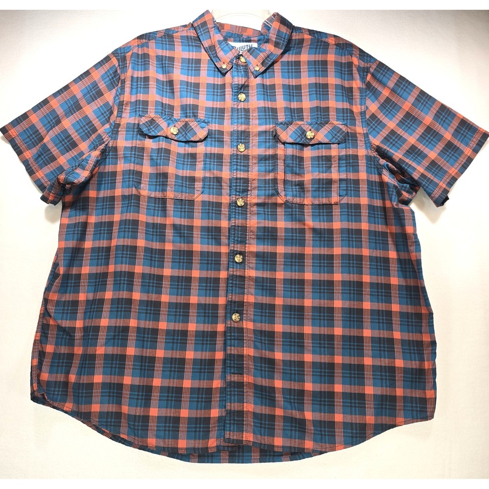 Duluth Trading Co Mens 2XL Relaxed Fit Plaid Short Sleeve Button Down Shirt Blue